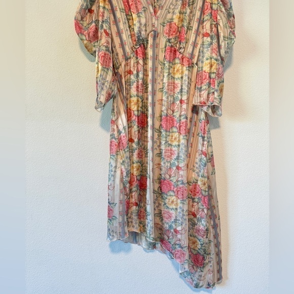 Anna Sui Whisper Rose Floral Striped Asymmetrical Puff Sleeves Cream Dress 6 - Picture 7 of 16